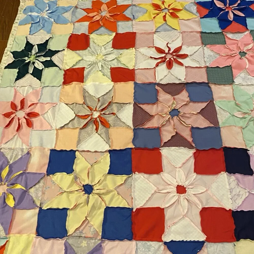 Vtg 70s Polyester Quilt Topper 87x87 - Hand Stitched Star Flower Dahlia Retro